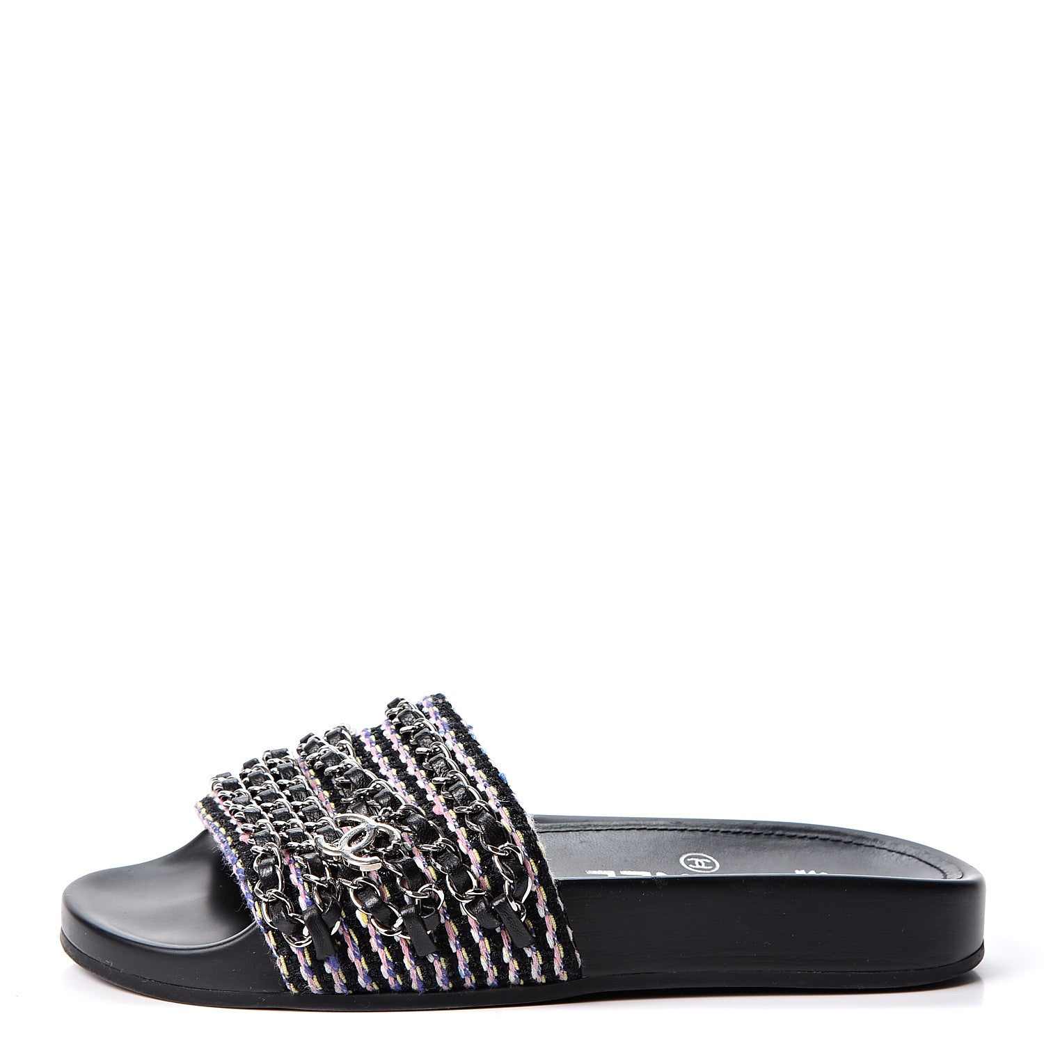 Chanel Tweed Lambskin Chain Flat Sandals 34 Black Multicolor 1 of 10