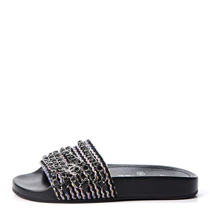 Chanel Tweed Lambskin Chain Flat Sandals 34 Black Multicolor 1 of 10