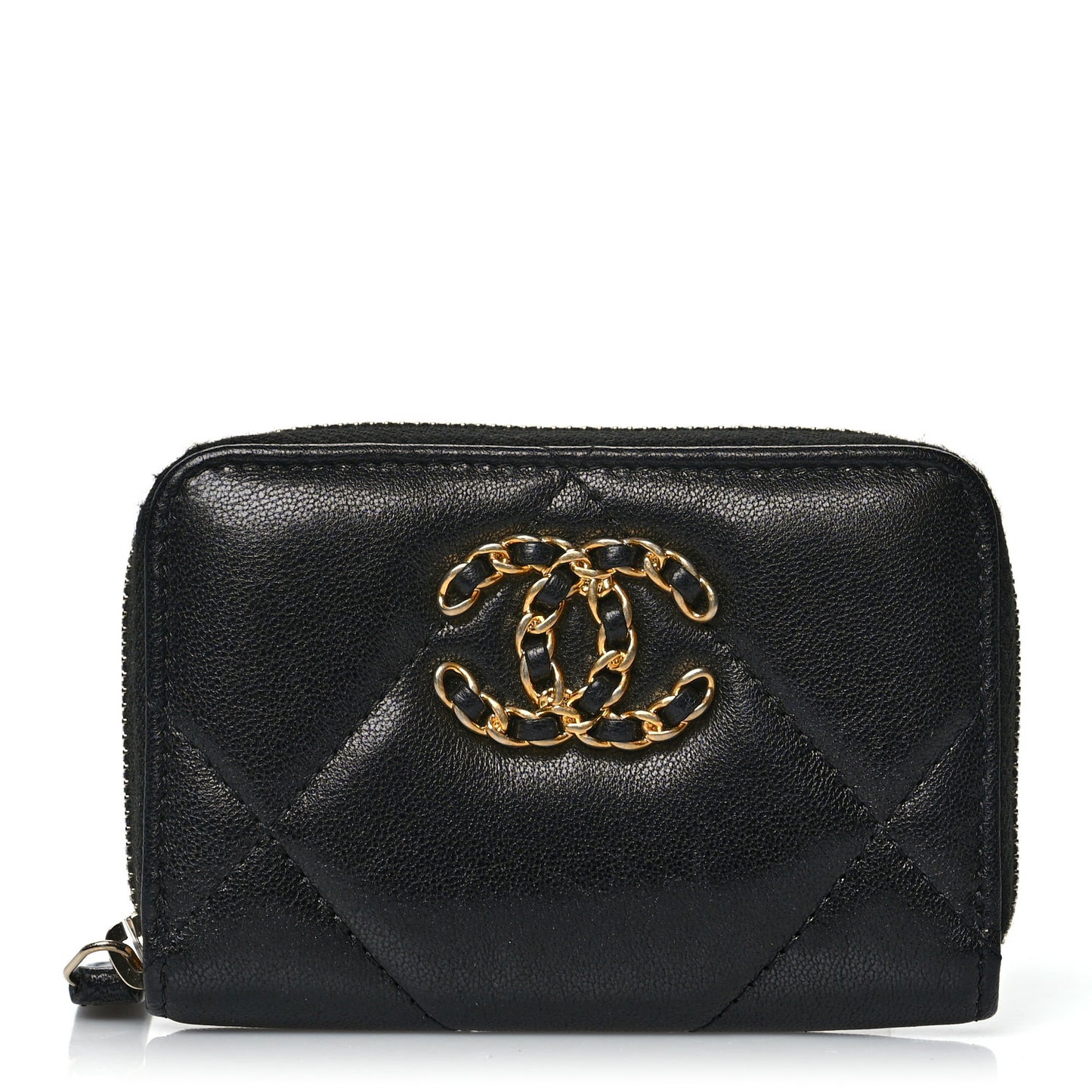 Shiny Goatskin Quilted Chanel 19 Zip Around Coin Purse Wallet Black