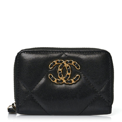 Chanel Shiny Goatskin Quilted Chanel 19 Zip Around Coin Purse Wallet Black 1 of 8