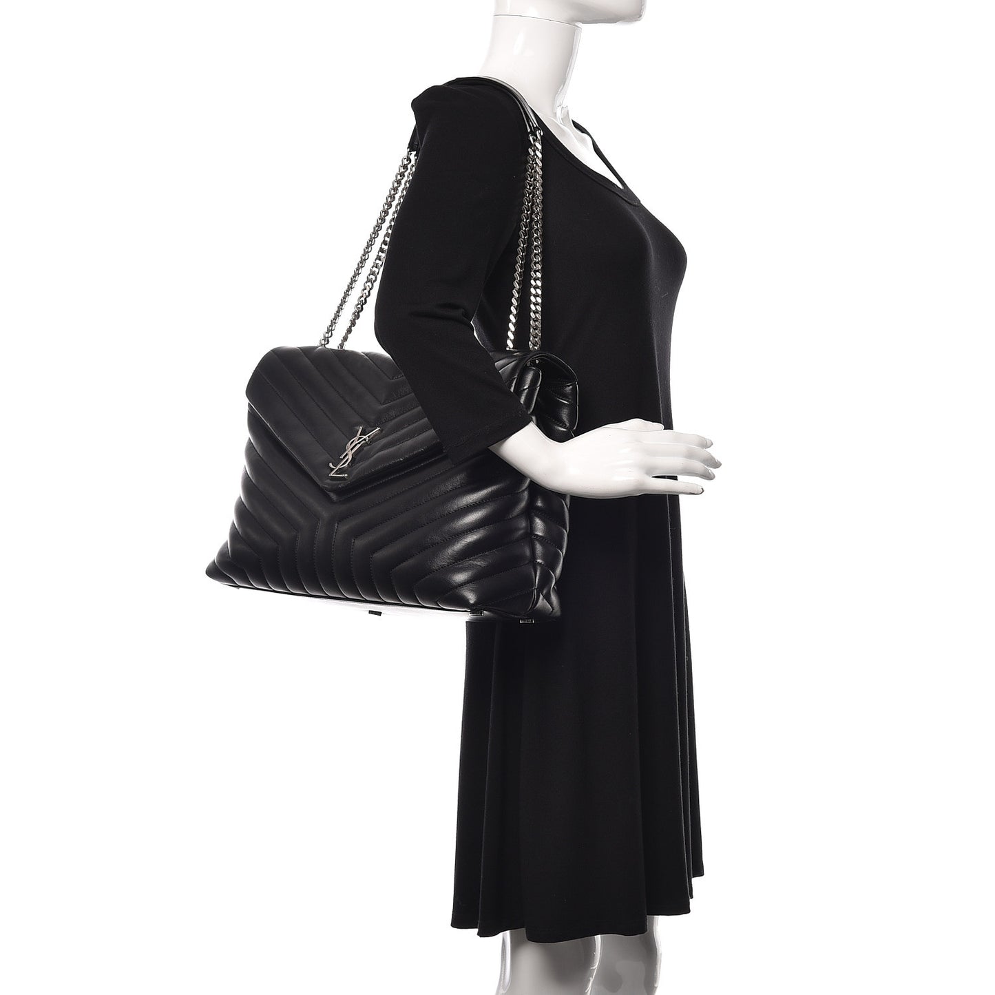 Calfskin Y Quilted Monogram Large Loulou Chain Satchel Black