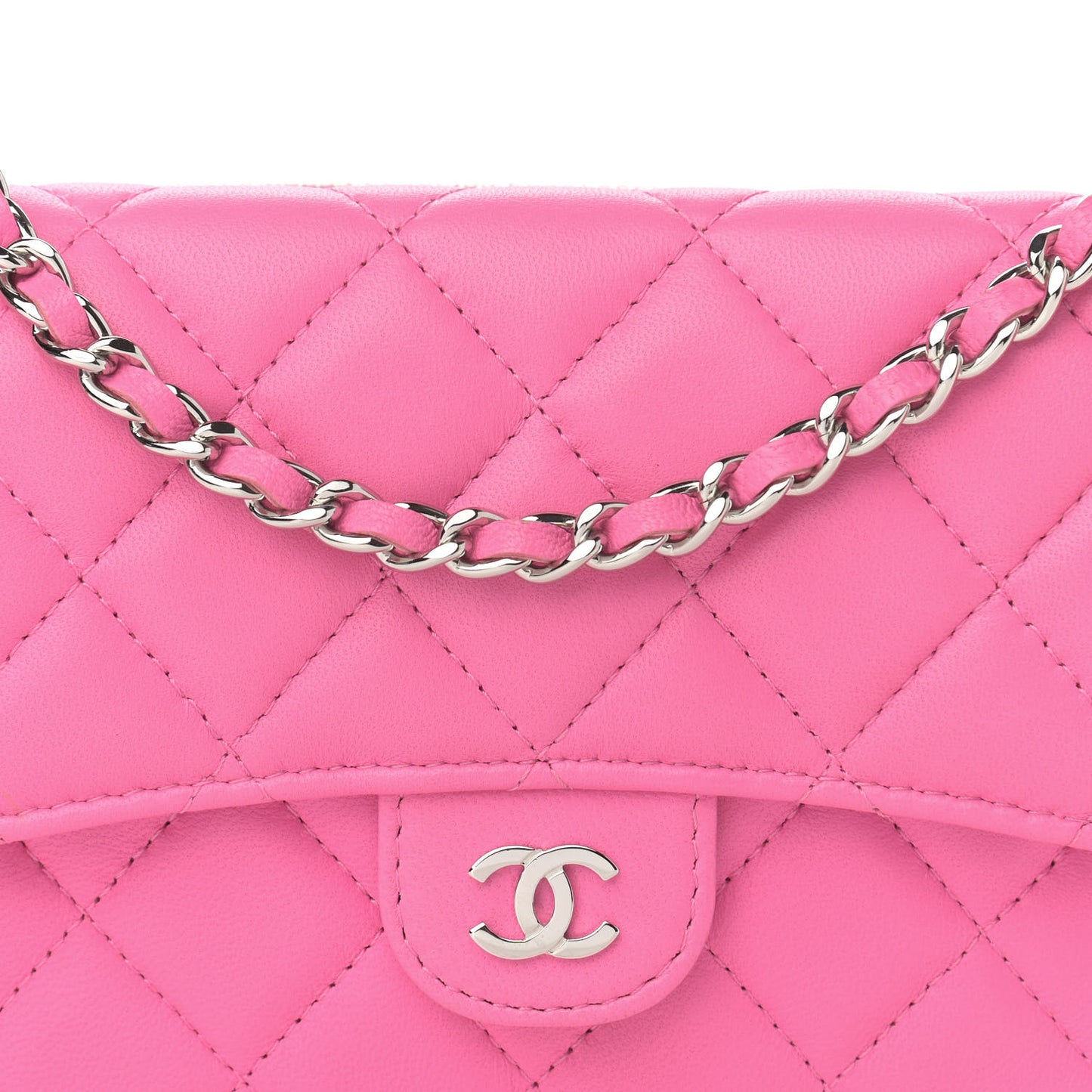 Lambskin Quilted Flap Phone Holder With Chain Neon Pink