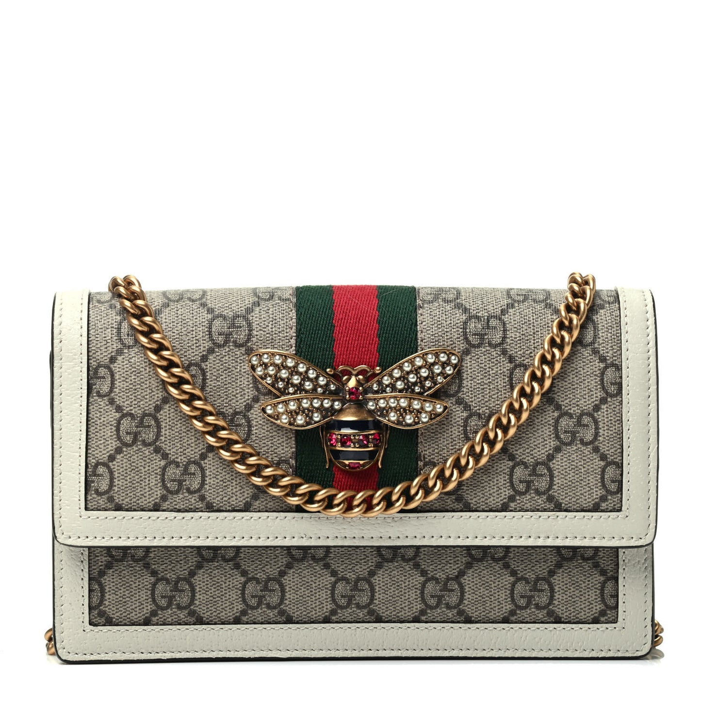 GG Supreme Monogram Web Queen Margaret Chain Wallet White