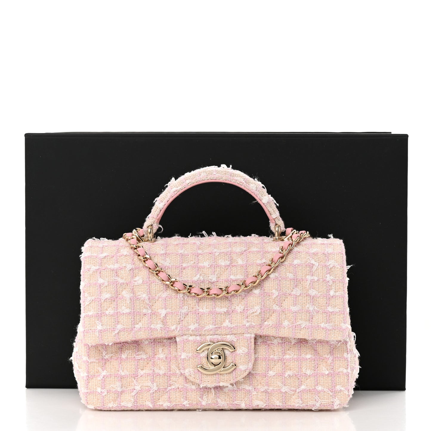 Tweed Quilted Mini Top Handle Rectangular Flap Light Pink