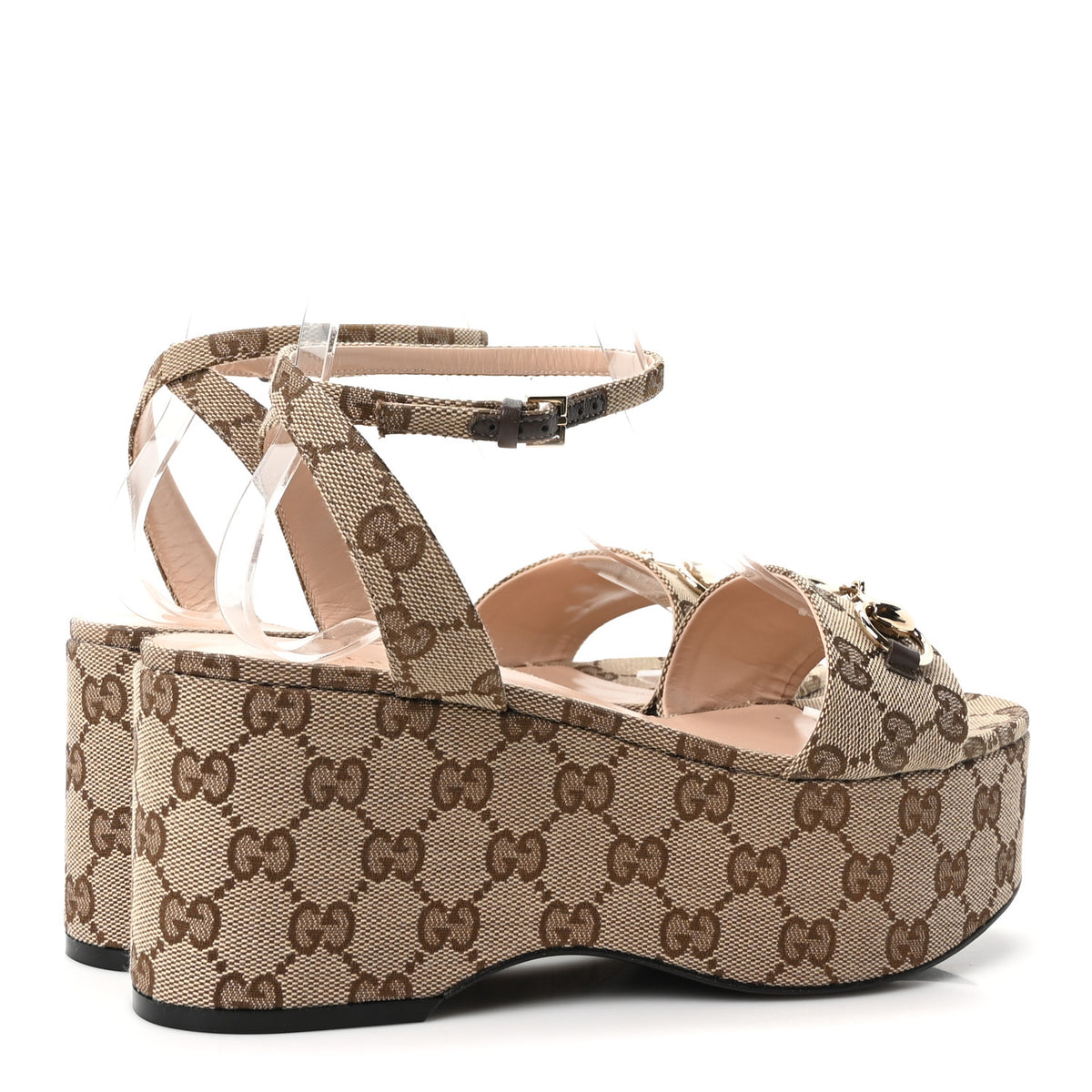 Monogram Nappa Chalotte Horsebit Ankle Strap 75mm Flatform Sandals 38.5 Beige Ebony