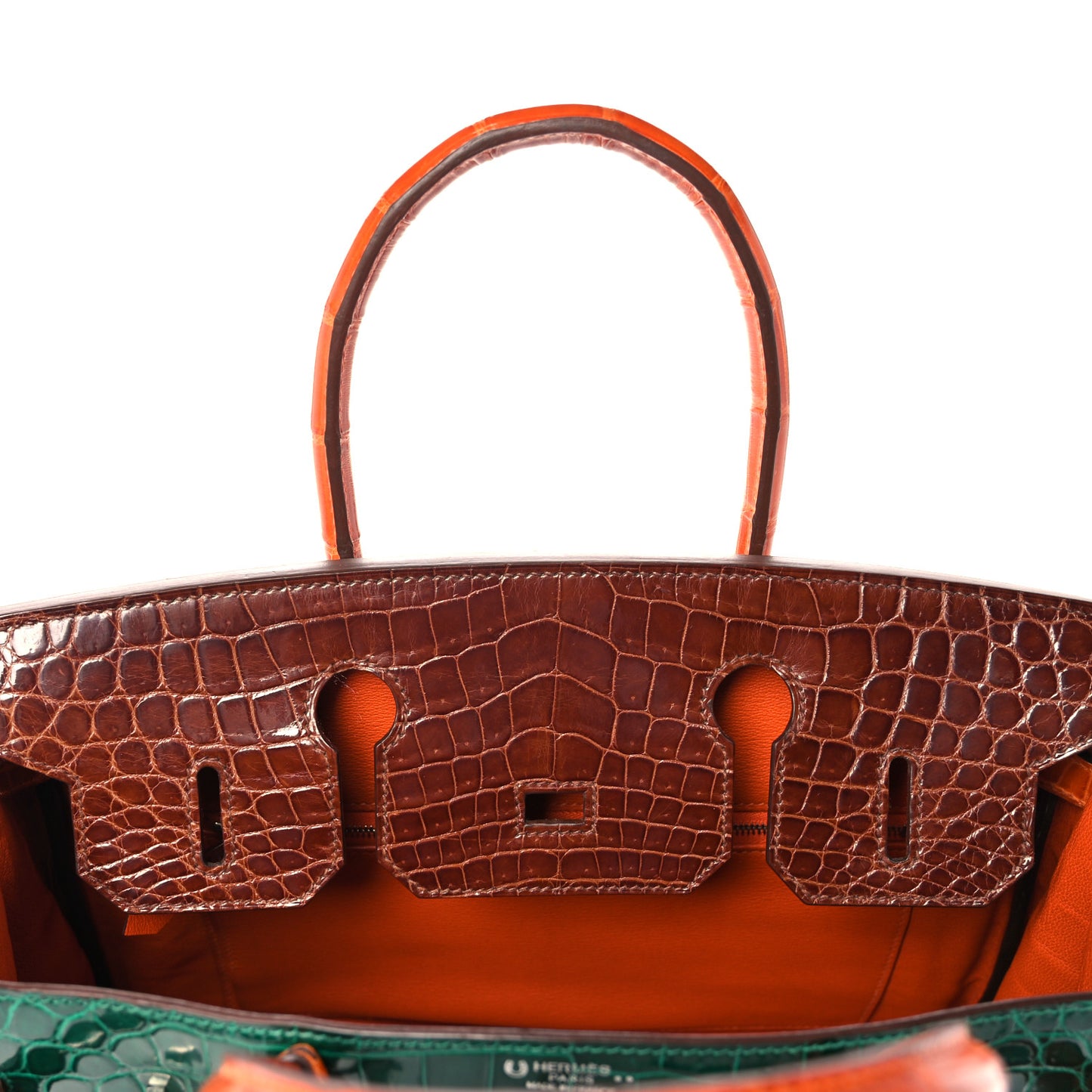 Shiny Niloticus Crocodile Horseshoe Birkin 30 Vert Emeraude Orange Miel