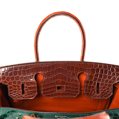 Hermes Shiny Niloticus Crocodile Horseshoe Birkin 30 Vert Emeraude Orange Miel 18 of 35