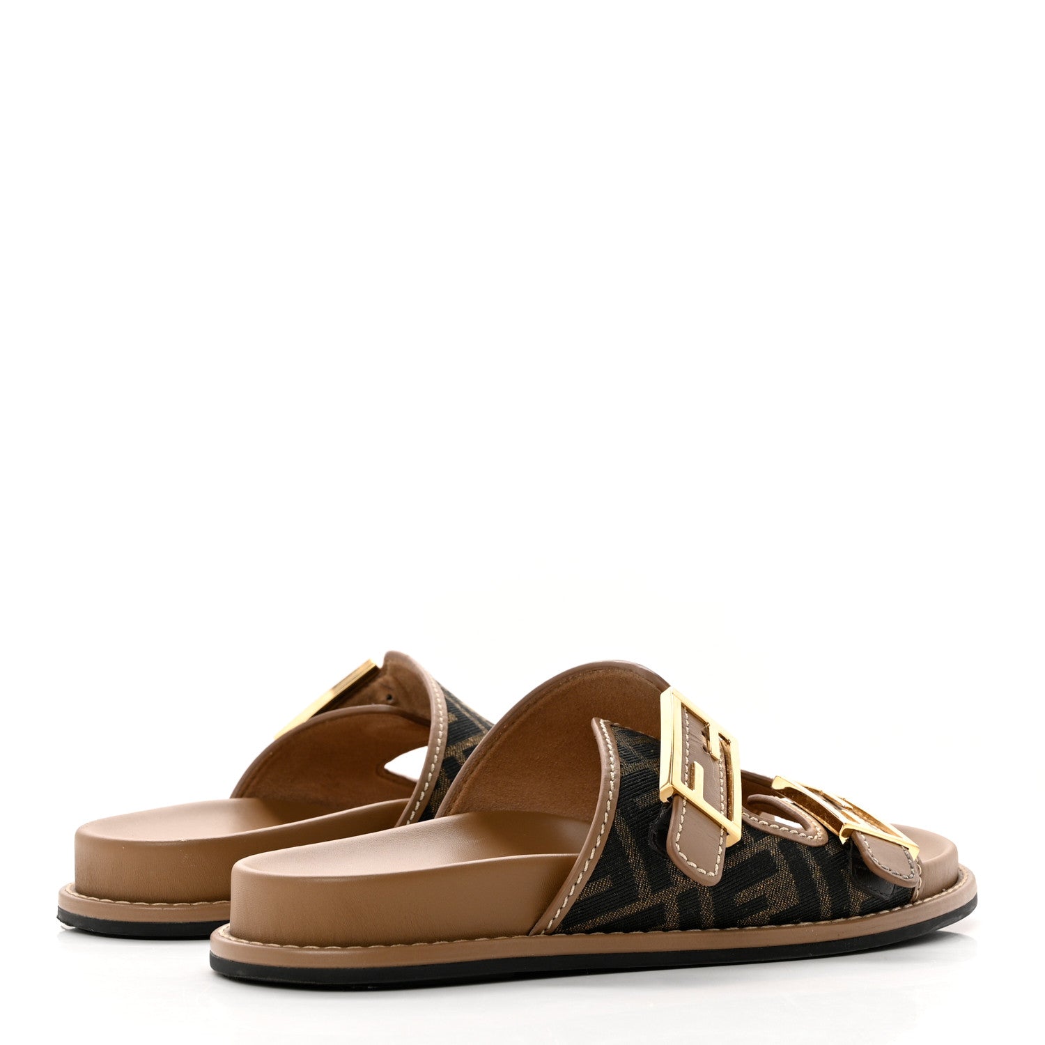 Fendi Fabric Jacquard Nappa FF Womens Fendi Feel Buckled Slide Sandals 40 Tobacco Black Miele Scuro 4 of 9