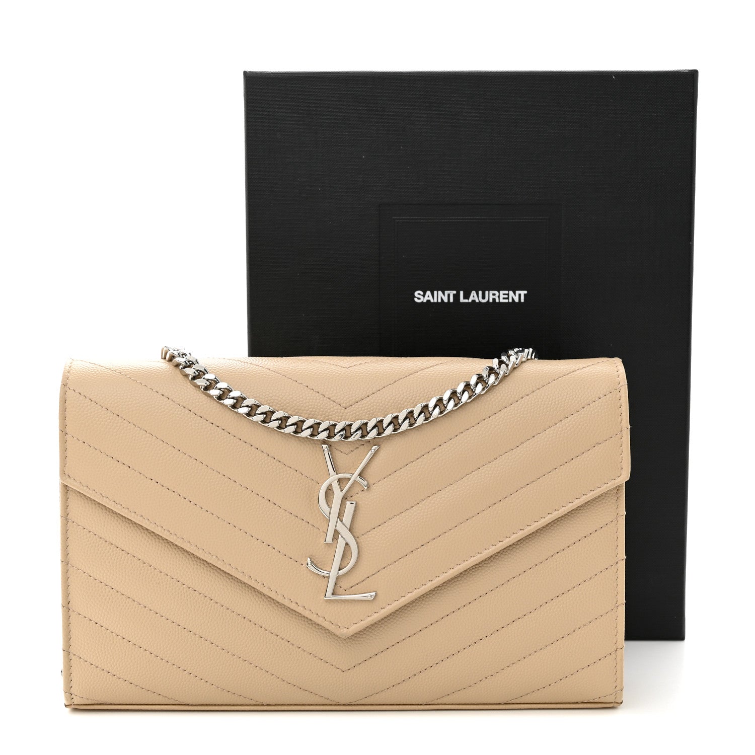 Saint Laurent Grain De Poudre Matelasse Chevron Monogram Chain Wallet Dark Beige 4 of 12