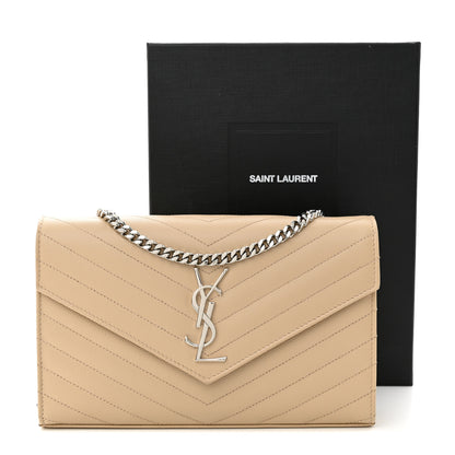 Saint Laurent Grain De Poudre Matelasse Chevron Monogram Chain Wallet Dark Beige 4 of 12