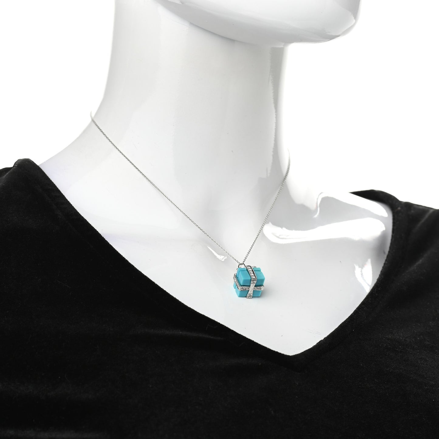 Platinum Diamond Turquoise Box Charm Pendant Necklace