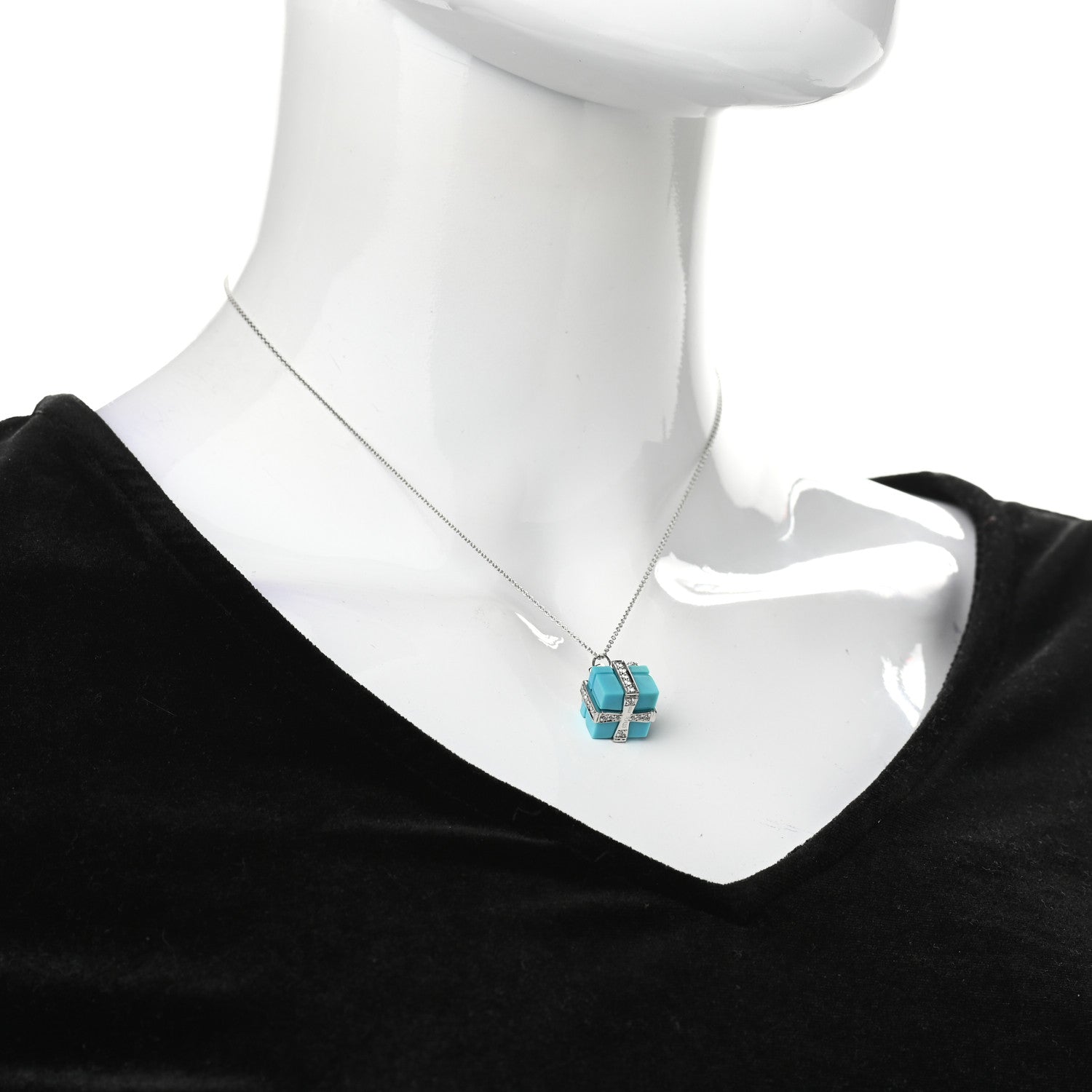 Tiffany Platinum Diamond Turquoise Box Charm Pendant Necklace 2 of 5