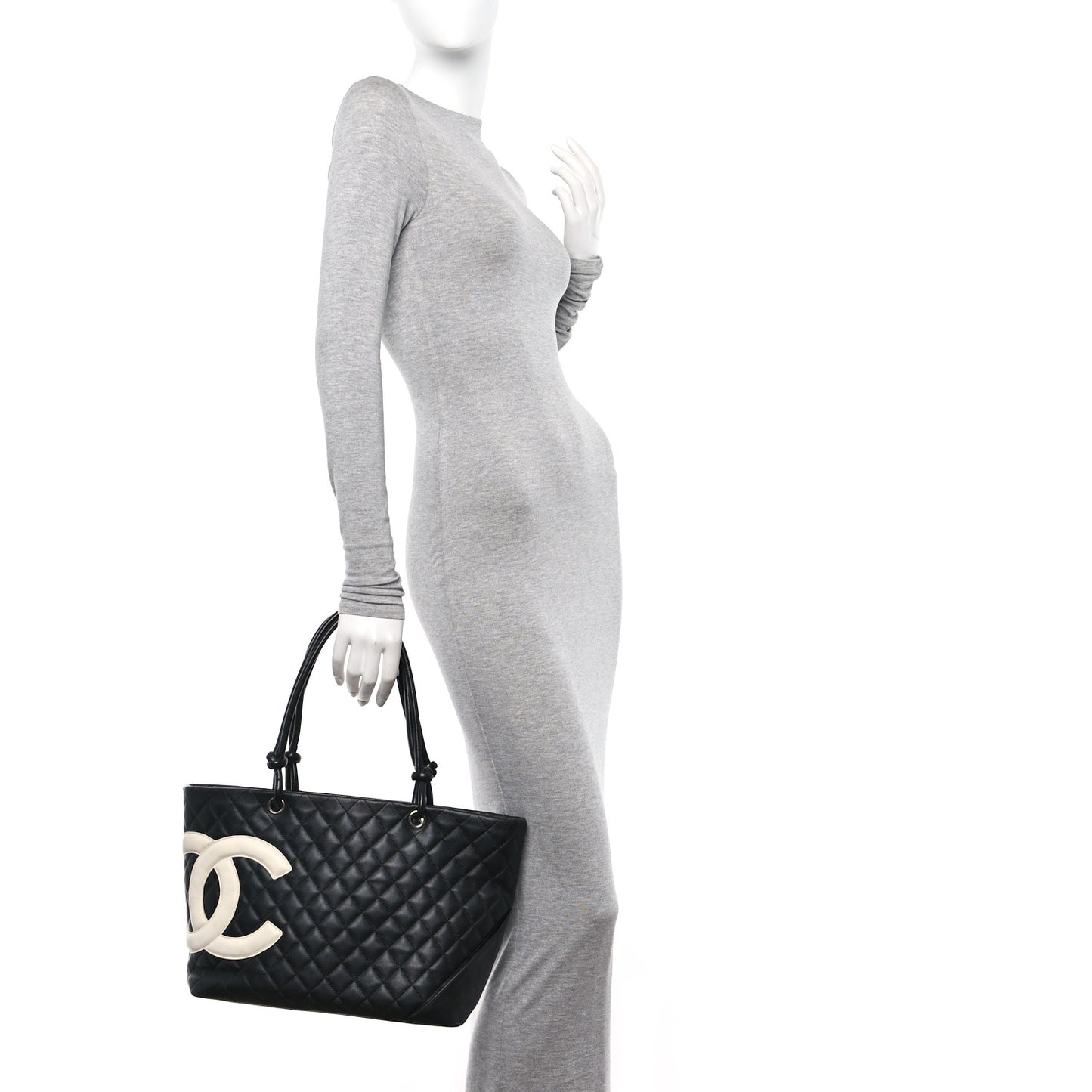 Calfskin Quilted Large Cambon Tote Black White