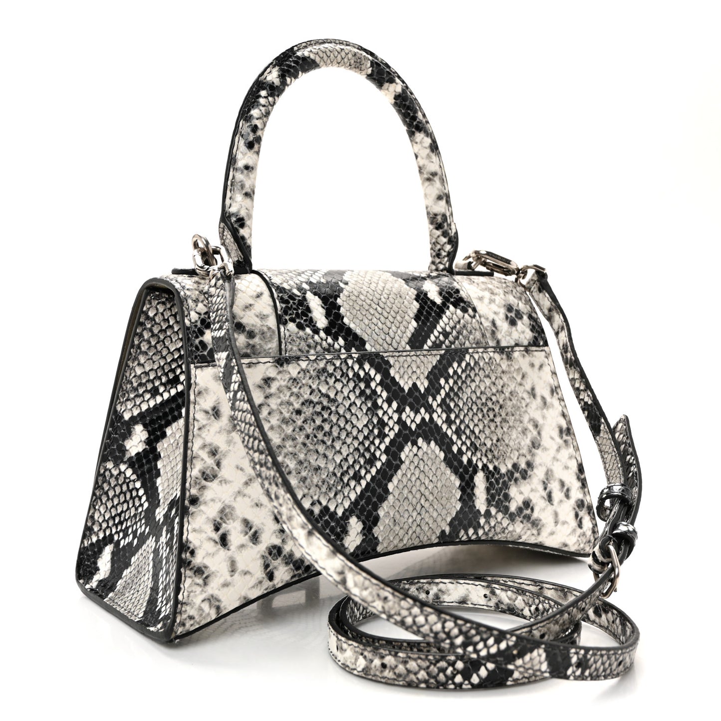 Calfskin Snake Effect Small Hourglass Top Handle Bag Black White