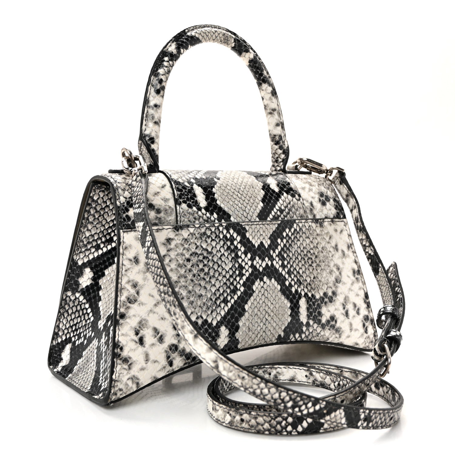 Balenciaga Calfskin Snake Effect Small Hourglass Top Handle Bag Black White 3 of 8