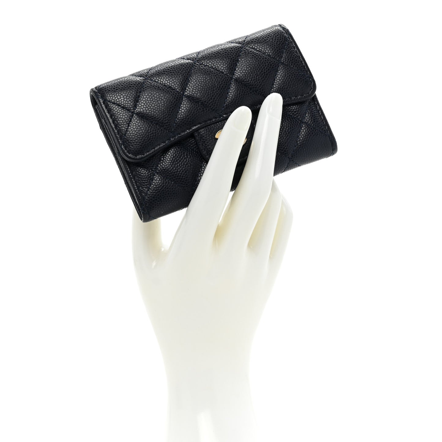 Caviar Quilted Flap Card Holder Wallet Navy