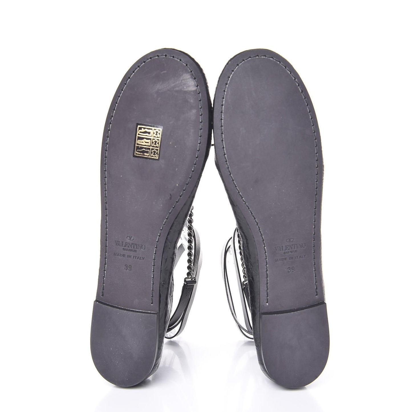Crackled Calfskin Rockstud Chain Ankle Ballerina Flats 39 Black