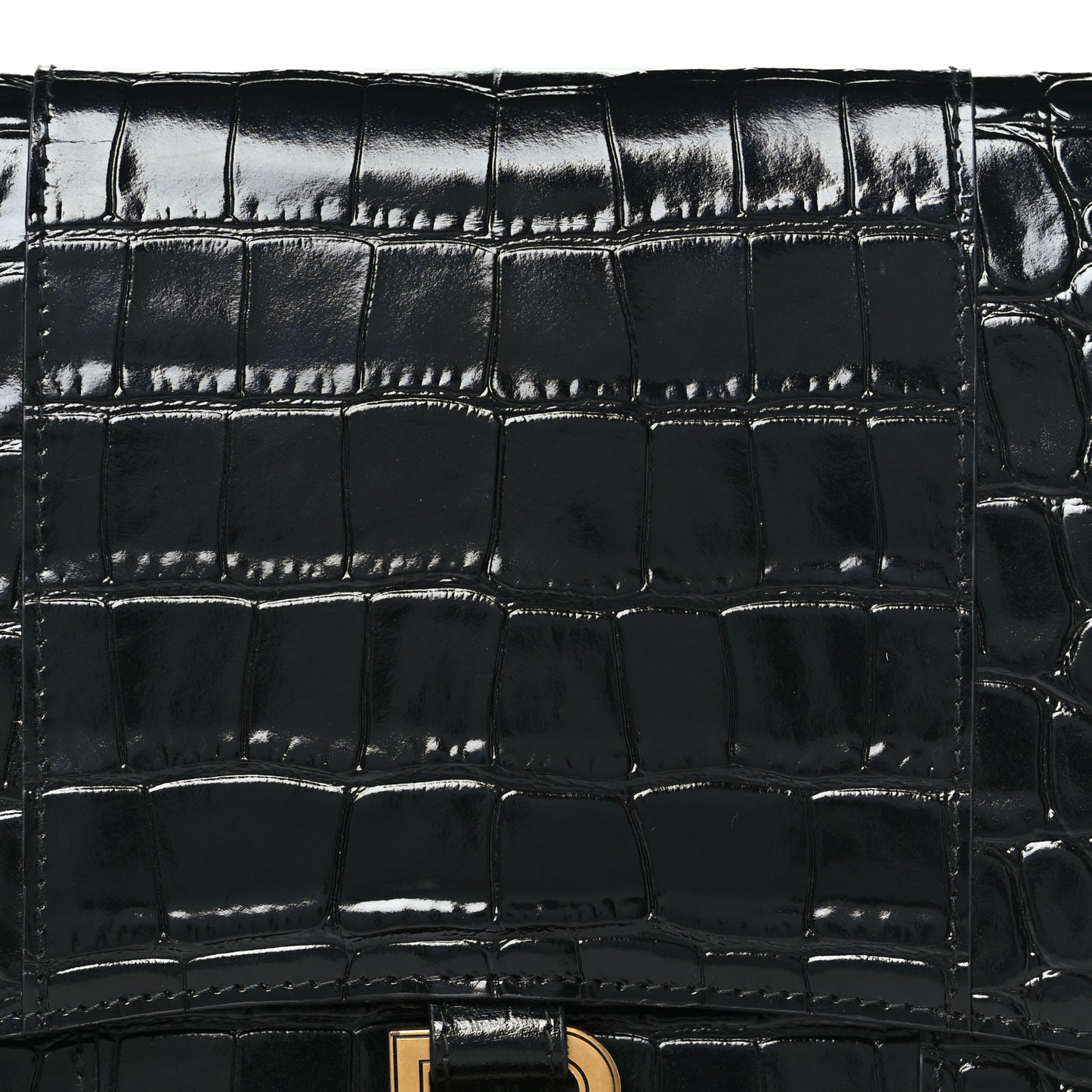 Shiny Calfskin Crocodile Embossed Hourglass Gusset Pouch Black