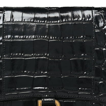 Balenciaga Shiny Calfskin Crocodile Embossed Hourglass Gusset Pouch Black 7 of 10