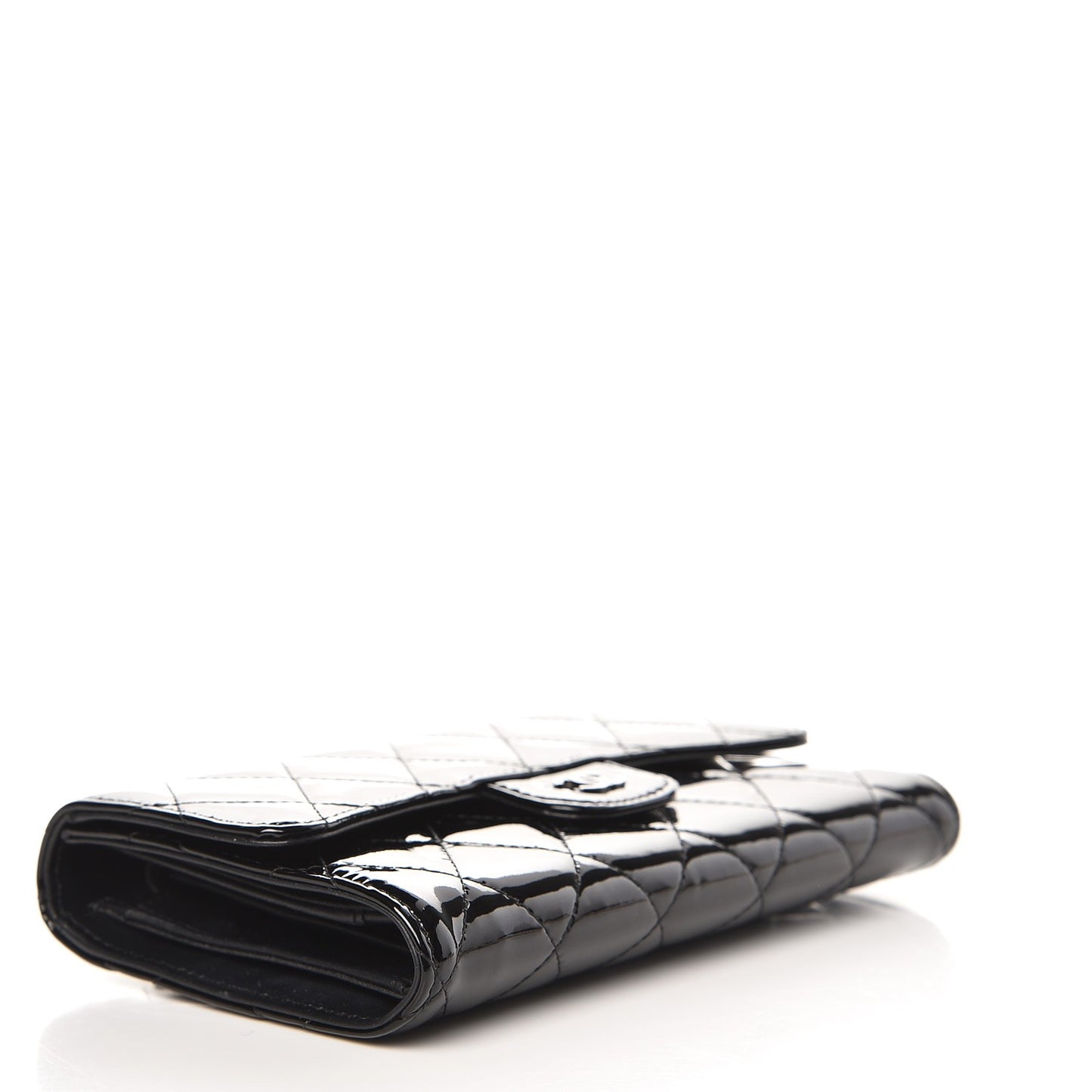 Patent Calfskin Quilted Large Flap Wallet Black