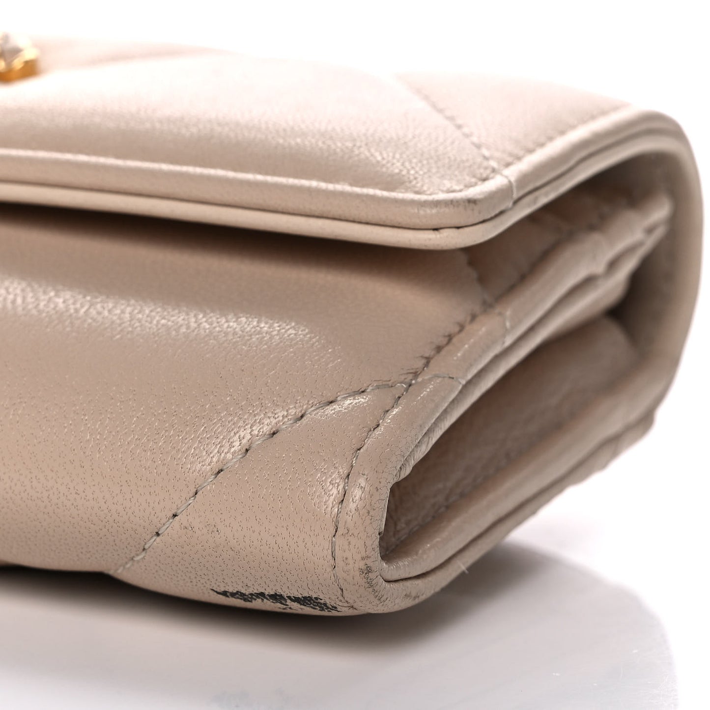 Shiny Goatskin Quilted Chanel 19 Flap Wallet Beige