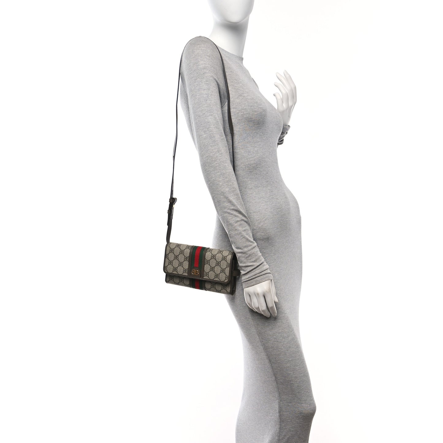 X BALENCIAGA BB Monogram Web Ophidia Crossbody Wallet Beige New Acero