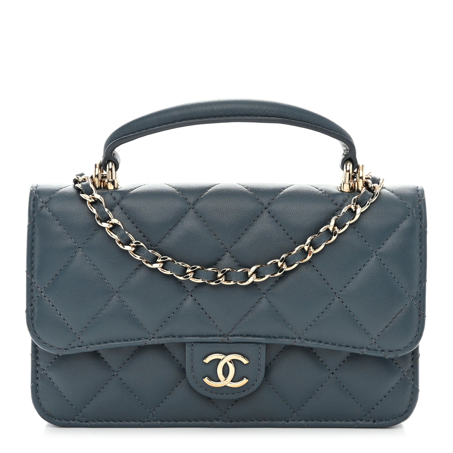 Lambskin Quilted Flap Phone Holder With Chain Blue