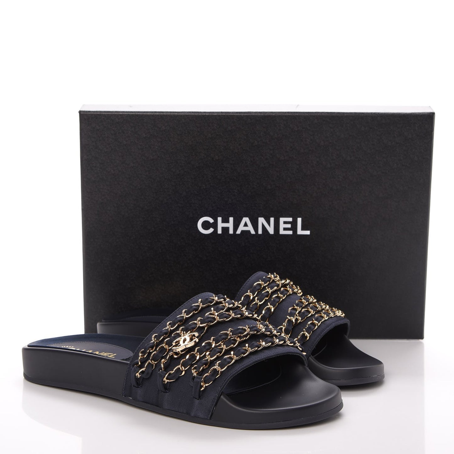 Lambskin Canvas Chain Flat Sandals 40 Marine