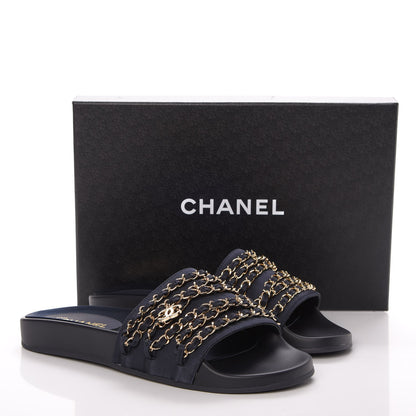 Chanel Lambskin Canvas Chain Flat Sandals 40 Marine 10 of 10