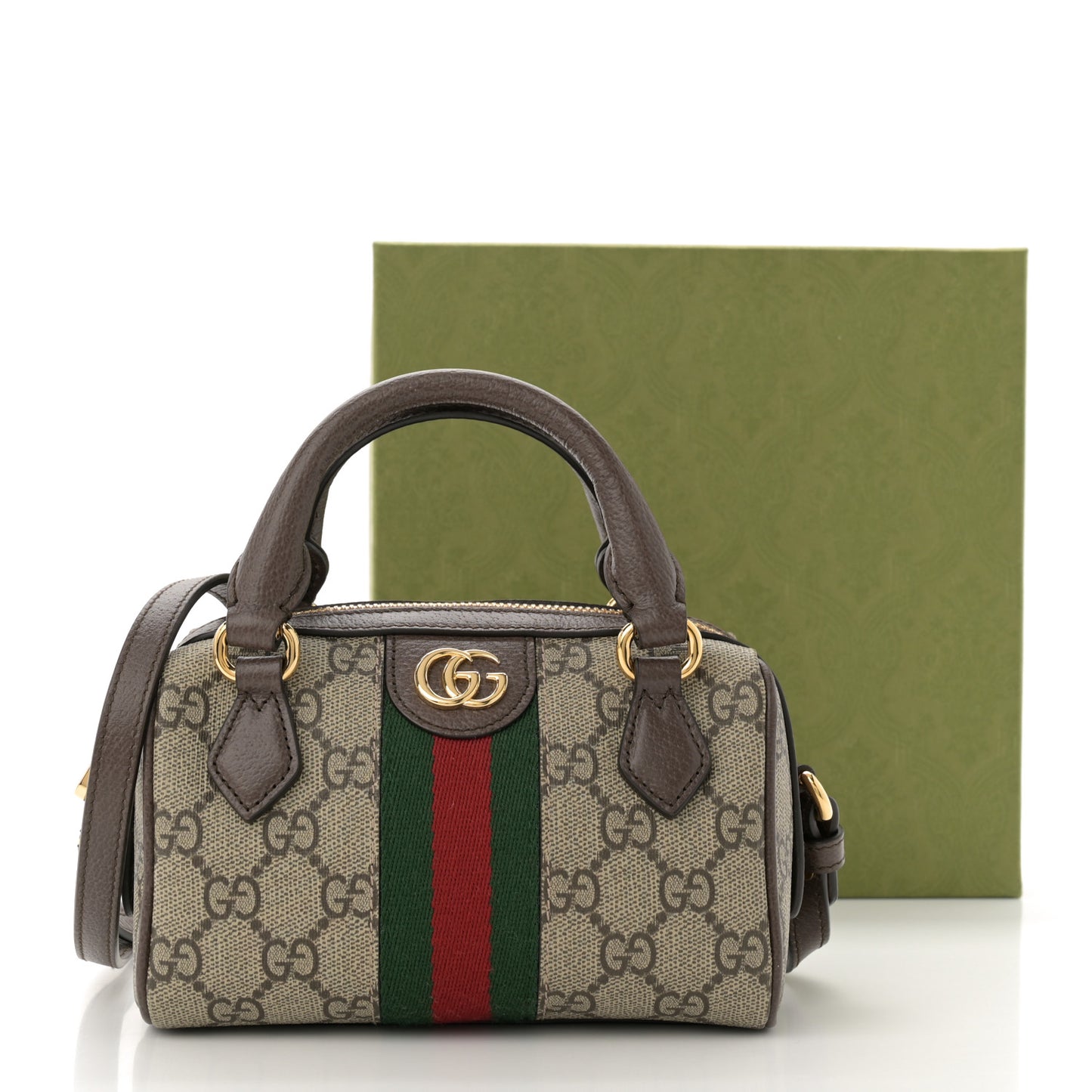 GG Supreme Monogram Textured Dollar Calfskin Web Super Mini Ophidia Top Handle Bowler Bag Beige Ebony New Acero