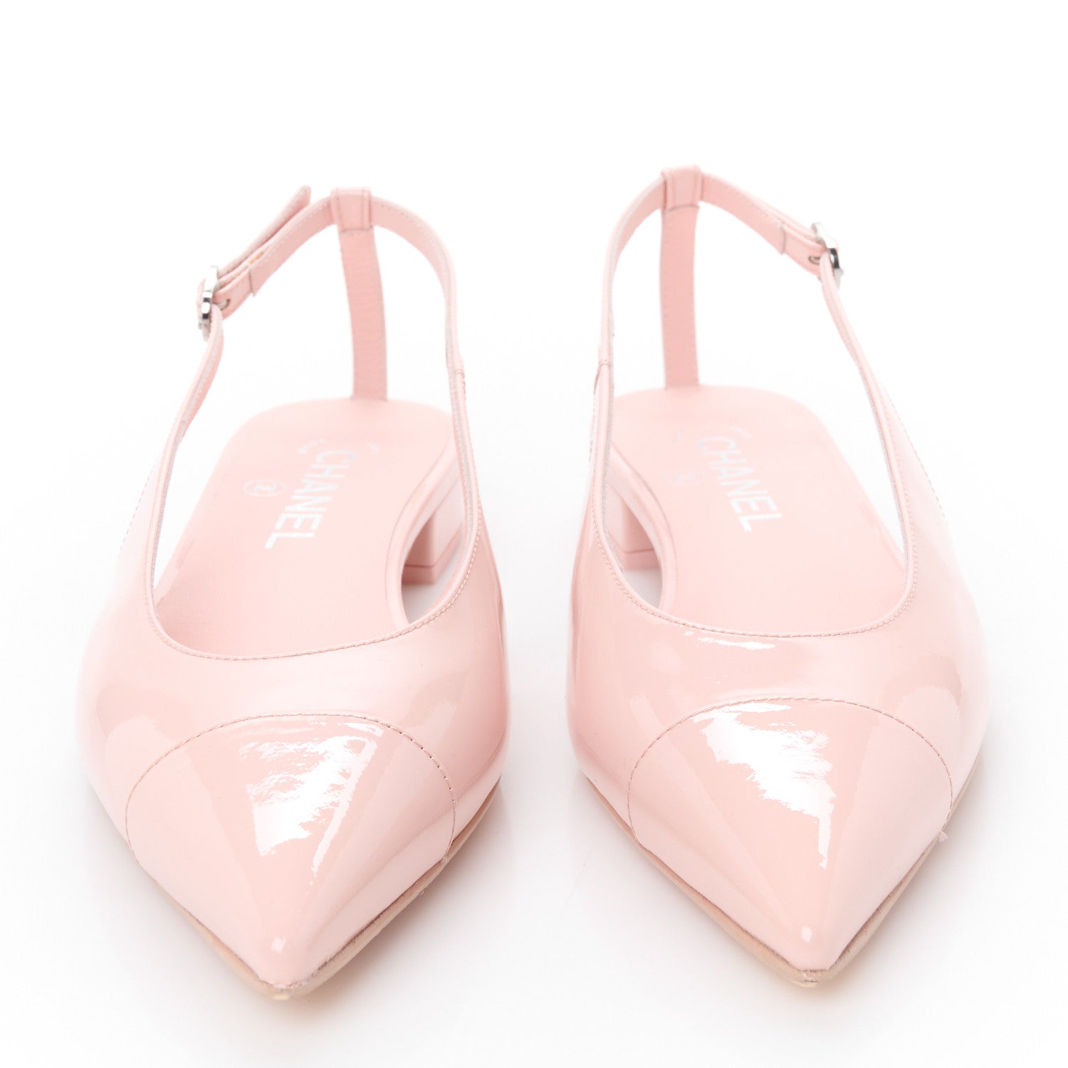 Chanel Patent Calfskin Cap Toe Slingback Flats 37.5 Light Pink 3 of 10