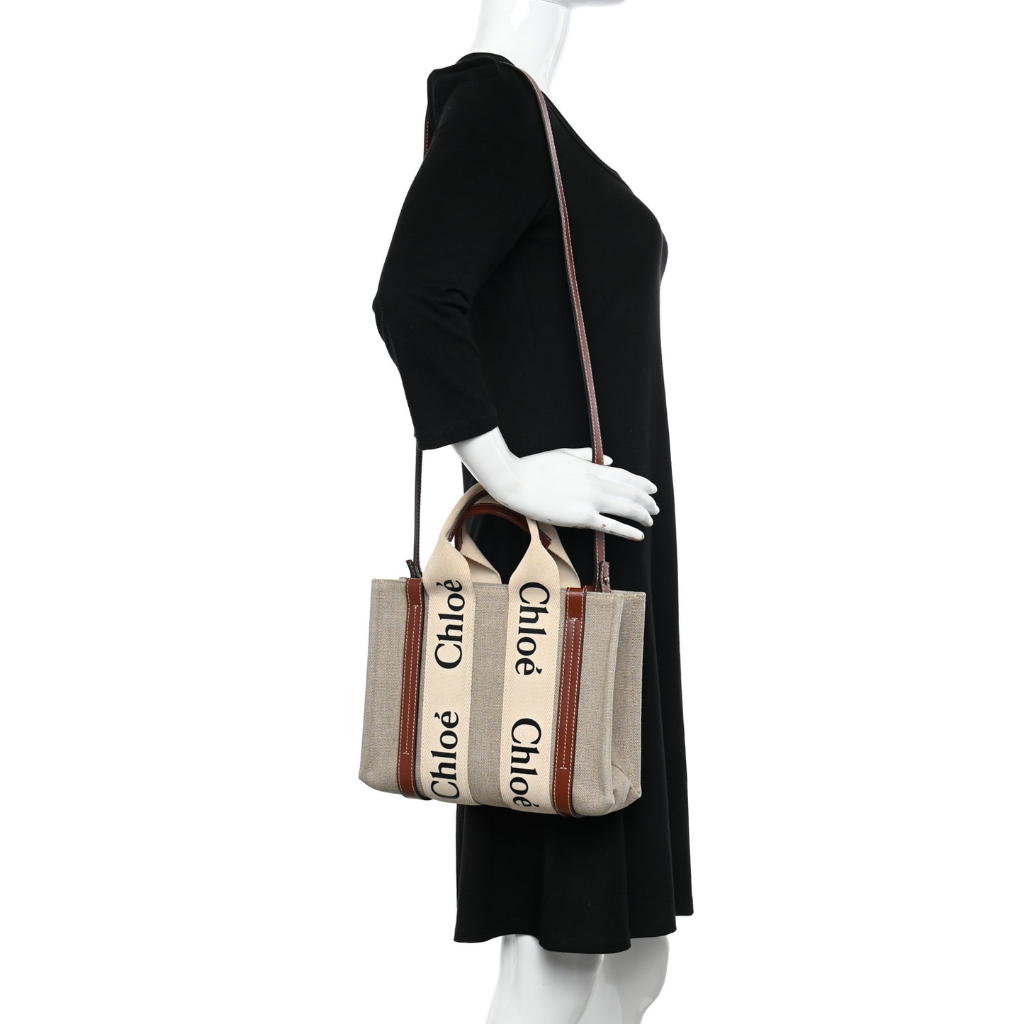 Linen Calfskin Small Woody Ribbon Tote With Strap White Brown