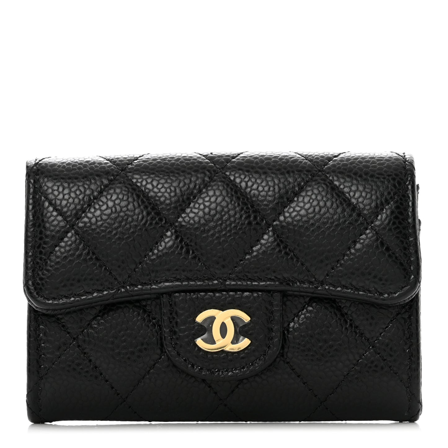 Caviar Quilted Flap Card Holder Wallet Black
