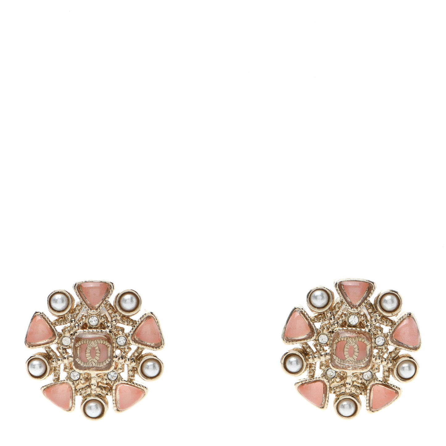 Gripoix Pearl Crystal CC Earrings Gold Pink