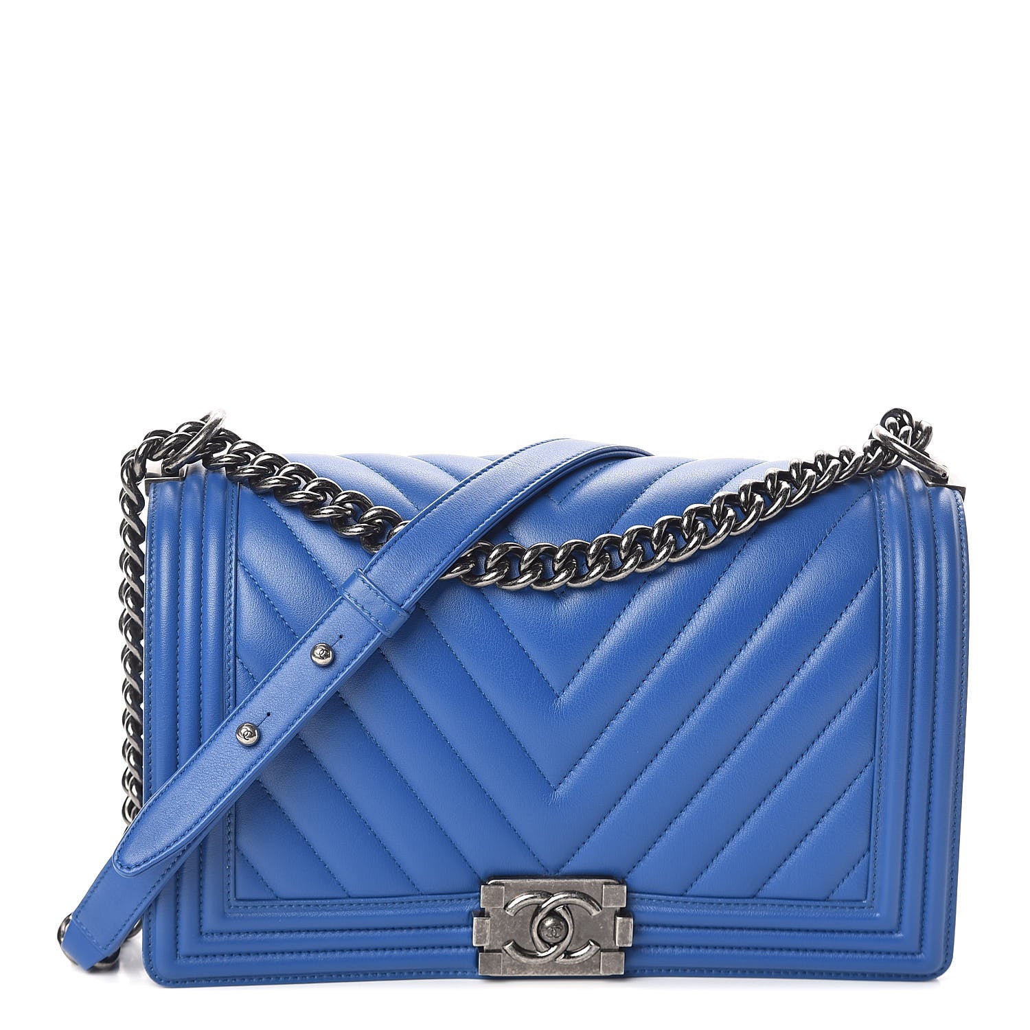 Chanel Calfskin Chevron Quilted New Medium Boy Flap Bright Blue 1 of 10