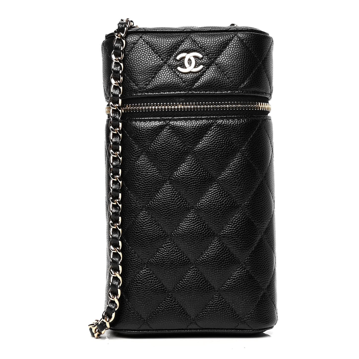 Caviar Quilted Phone Holder With Chain Black