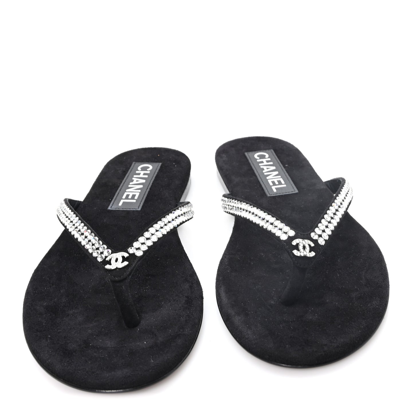Suede Kidskin Strass CC Thong Sandals 36 Black