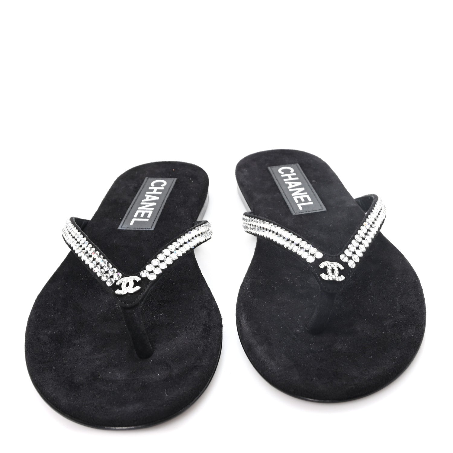 Chanel Suede Kidskin Strass CC Thong Sandals 36 Black 3 of 10