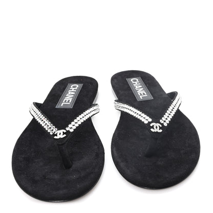 Chanel Suede Kidskin Strass CC Thong Sandals 36 Black 3 of 10