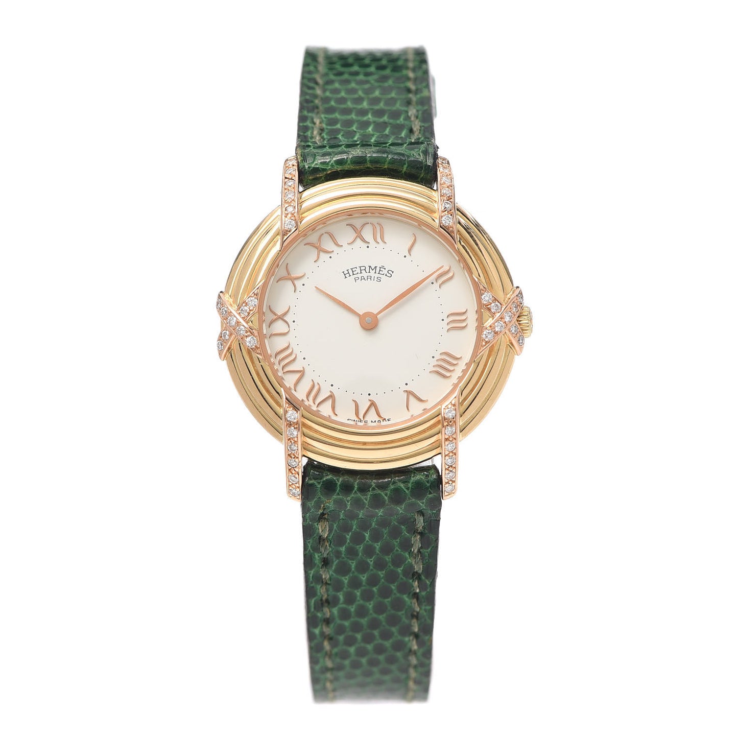 18K Yellow Gold Lizard Diamond 26mm Ruban Quartz Watch Vert Fonce