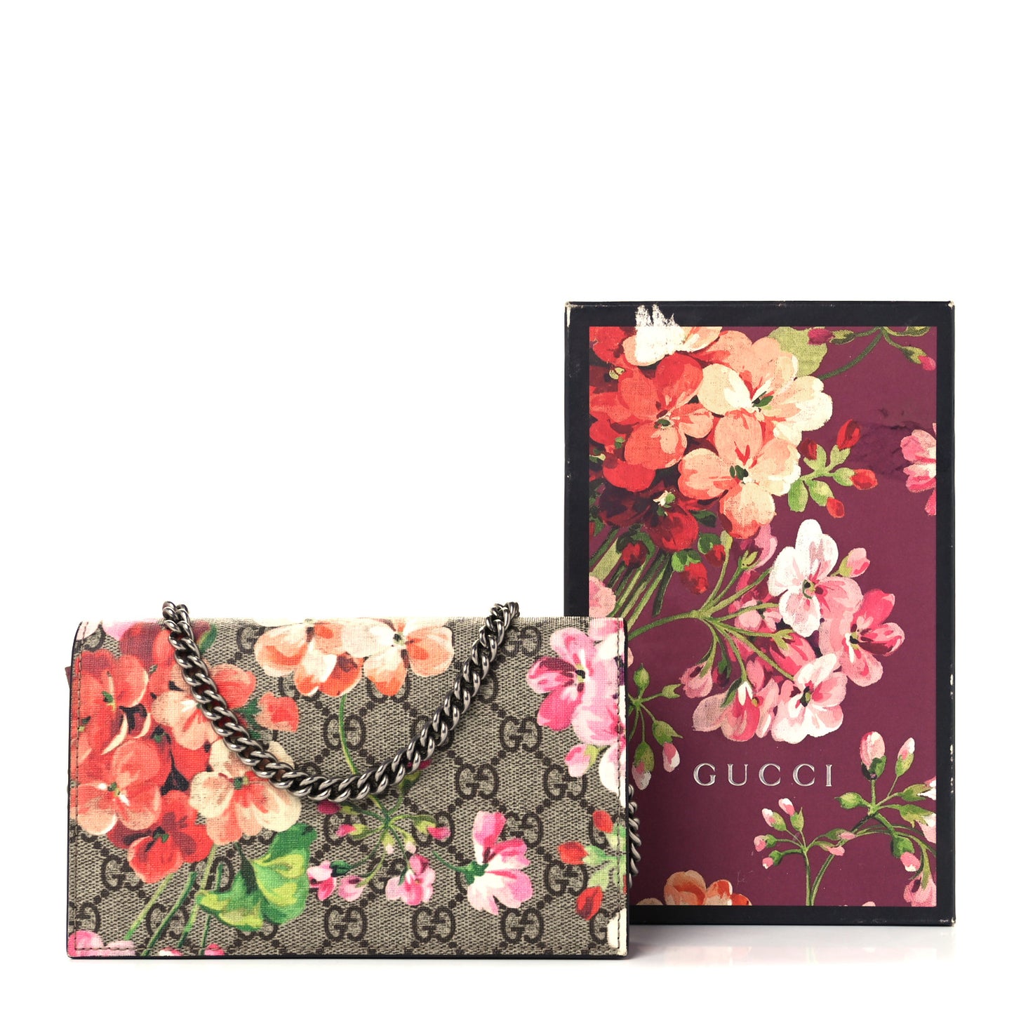 GG Supreme Monogram Blooms Chain Wallet Beige Multicolor Dry Rose