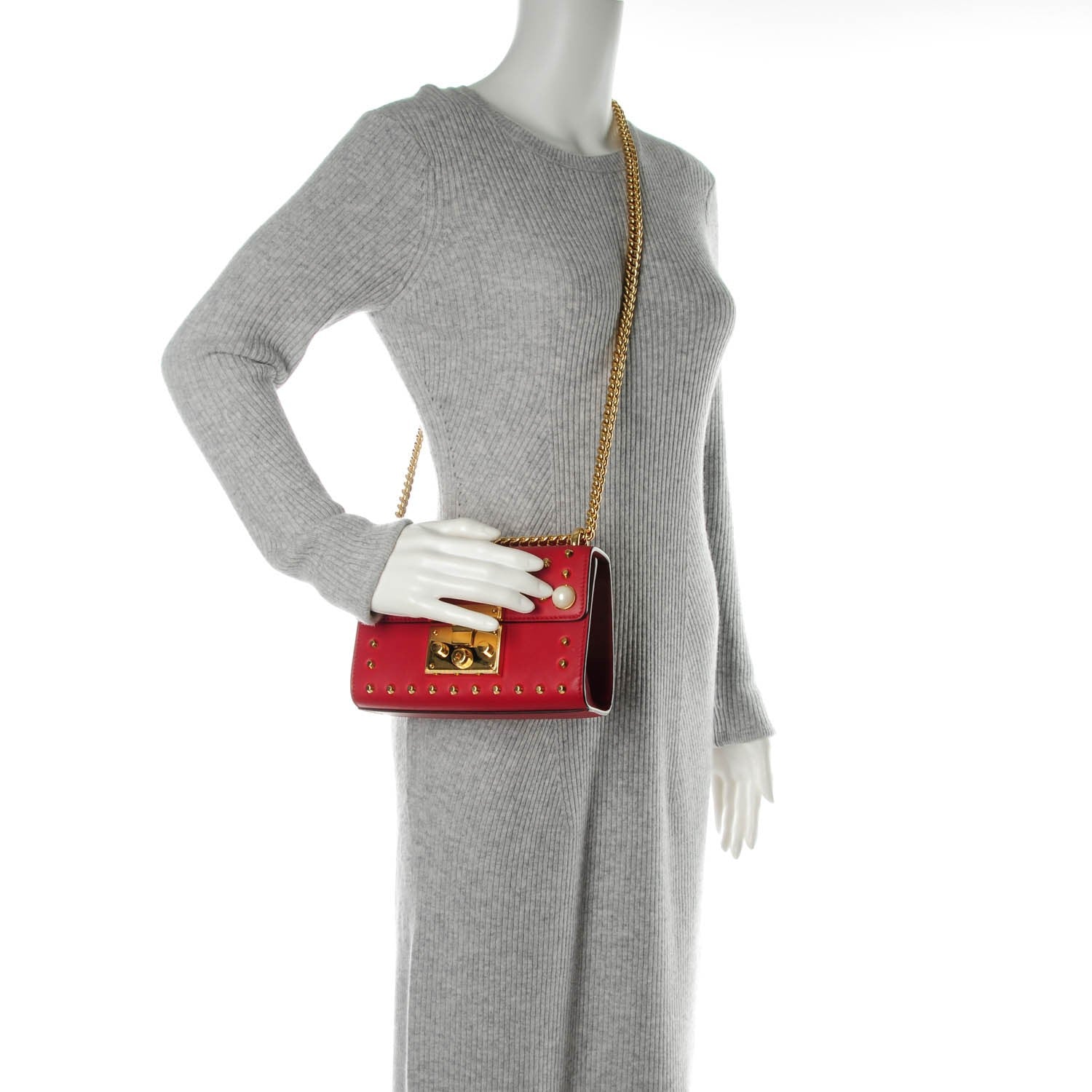 Gucci Calfskin Studded Small Padlock Shoulder Bag Hibiscus Red 2 of 7
