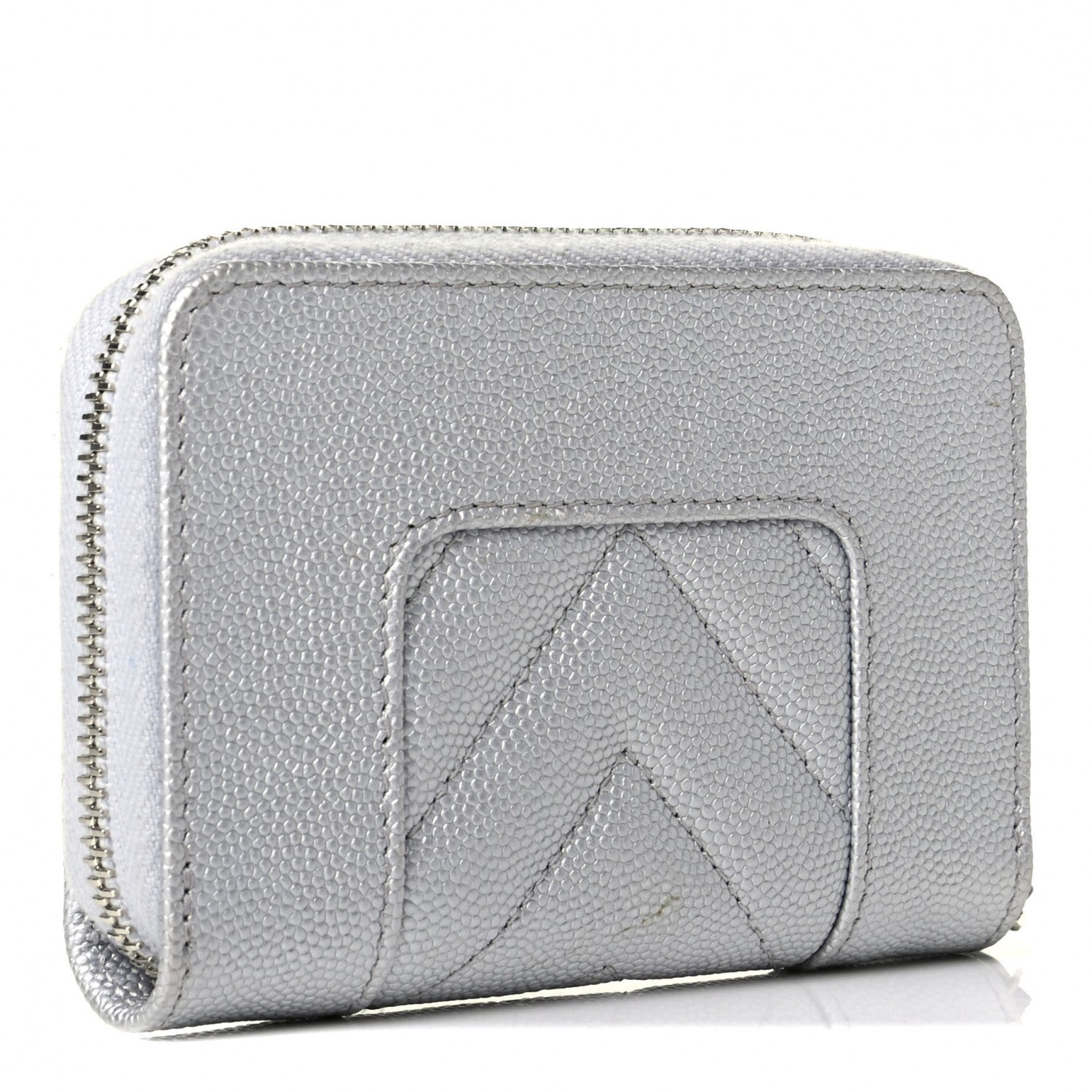 Chanel Metallic Caviar Chevron Quilted Vintage Mademoiselle Zip Coin Purse Silver 2 of 4