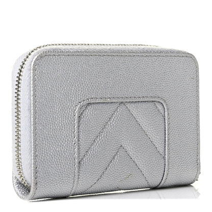 Chanel Metallic Caviar Chevron Quilted Vintage Mademoiselle Zip Coin Purse Silver 2 of 4