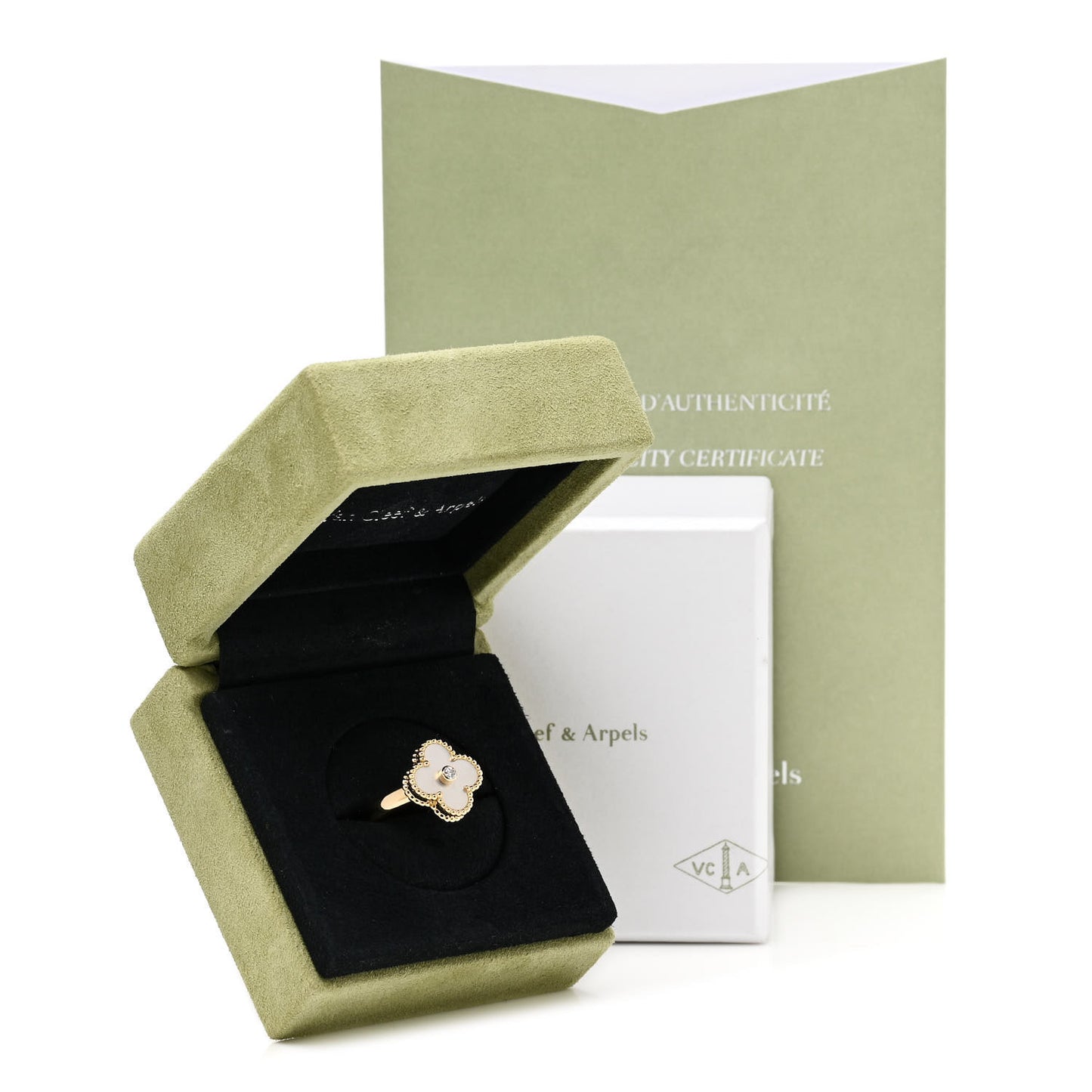 18K Yellow Gold Diamond Mother of Pearl Vintage Alhambra Ring 51 5.75