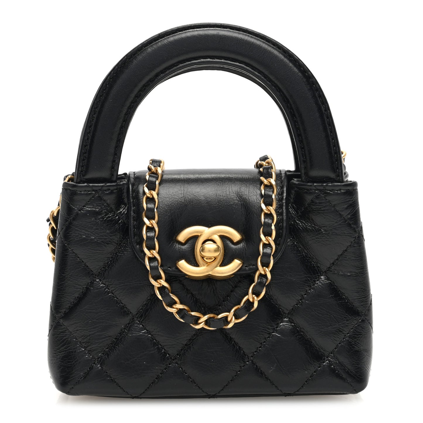 Shiny Aged Calfskin Quilted Mini Nano Kelly Shopper Black