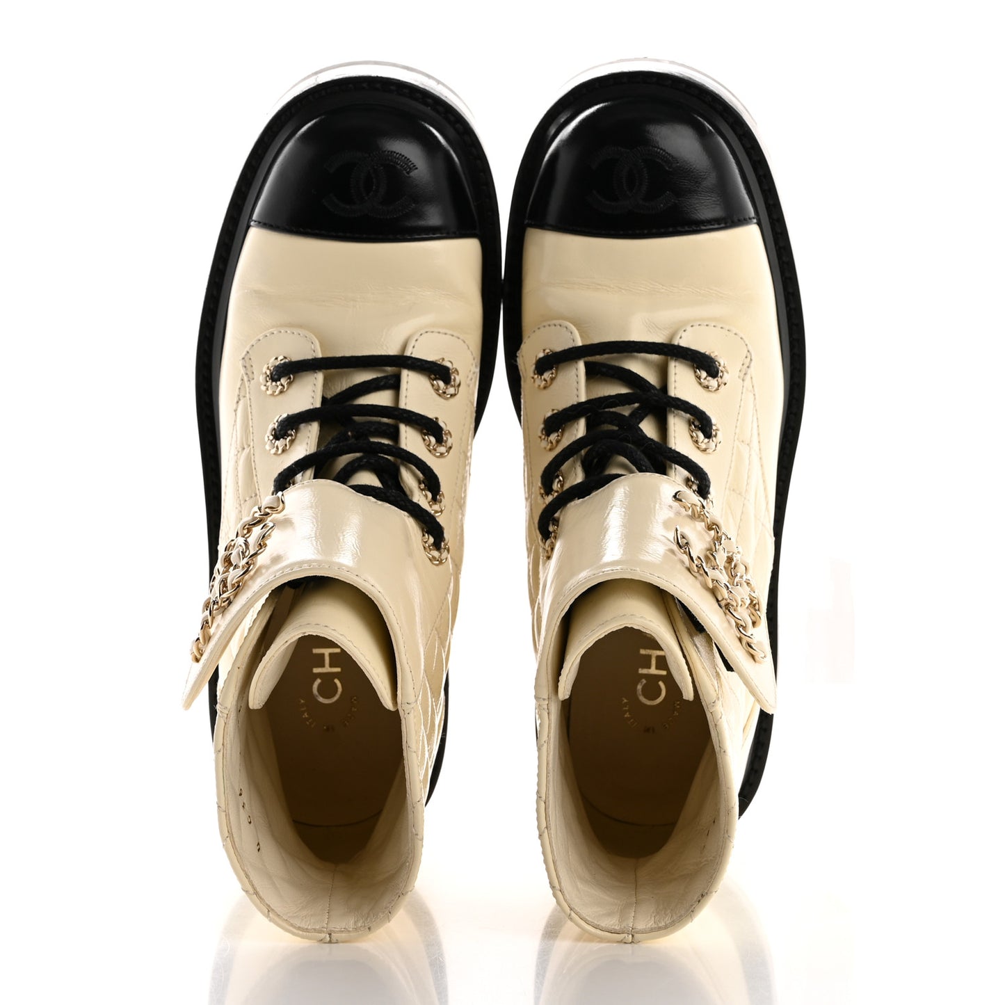 Shiny Lambskin Quilted Lace Up Combat Boots 36.5 White Black