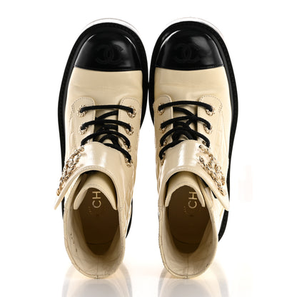 Chanel Shiny Lambskin Quilted Lace Up Combat Boots 36.5 White Black 2 of 12