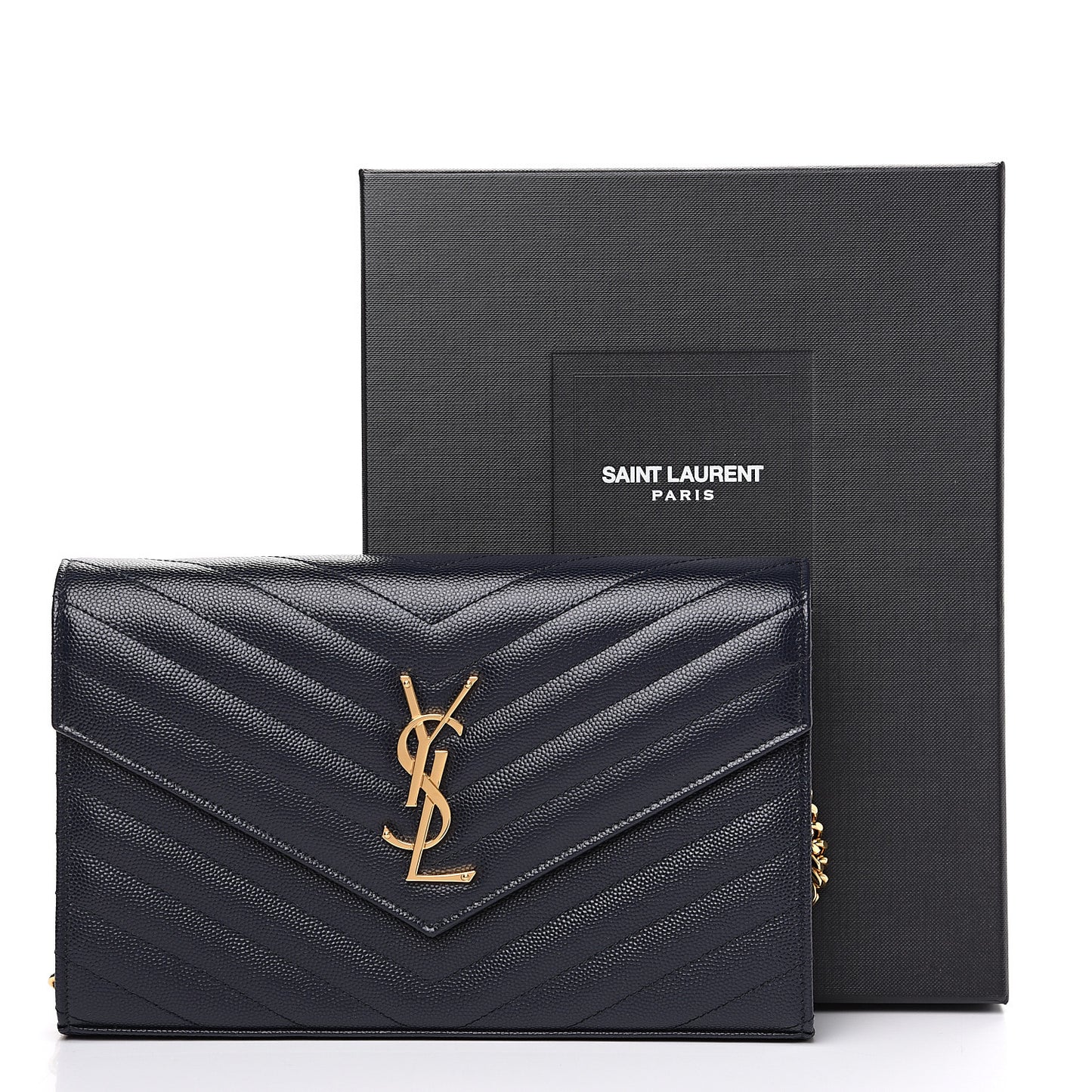 Grain de Poudre Matelasse Chevron Medium Monogram Chain Wallet Navy