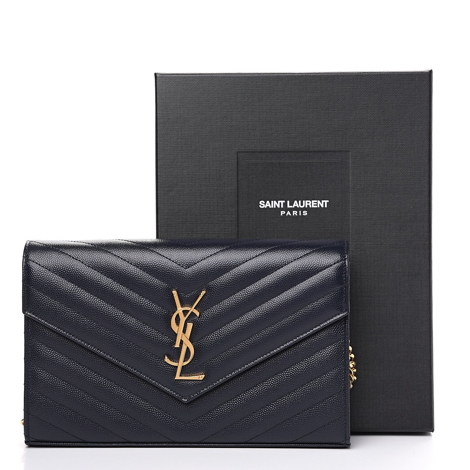 Saint Laurent Grain de Poudre Matelasse Chevron Medium Monogram Chain Wallet Navy 9 of 9